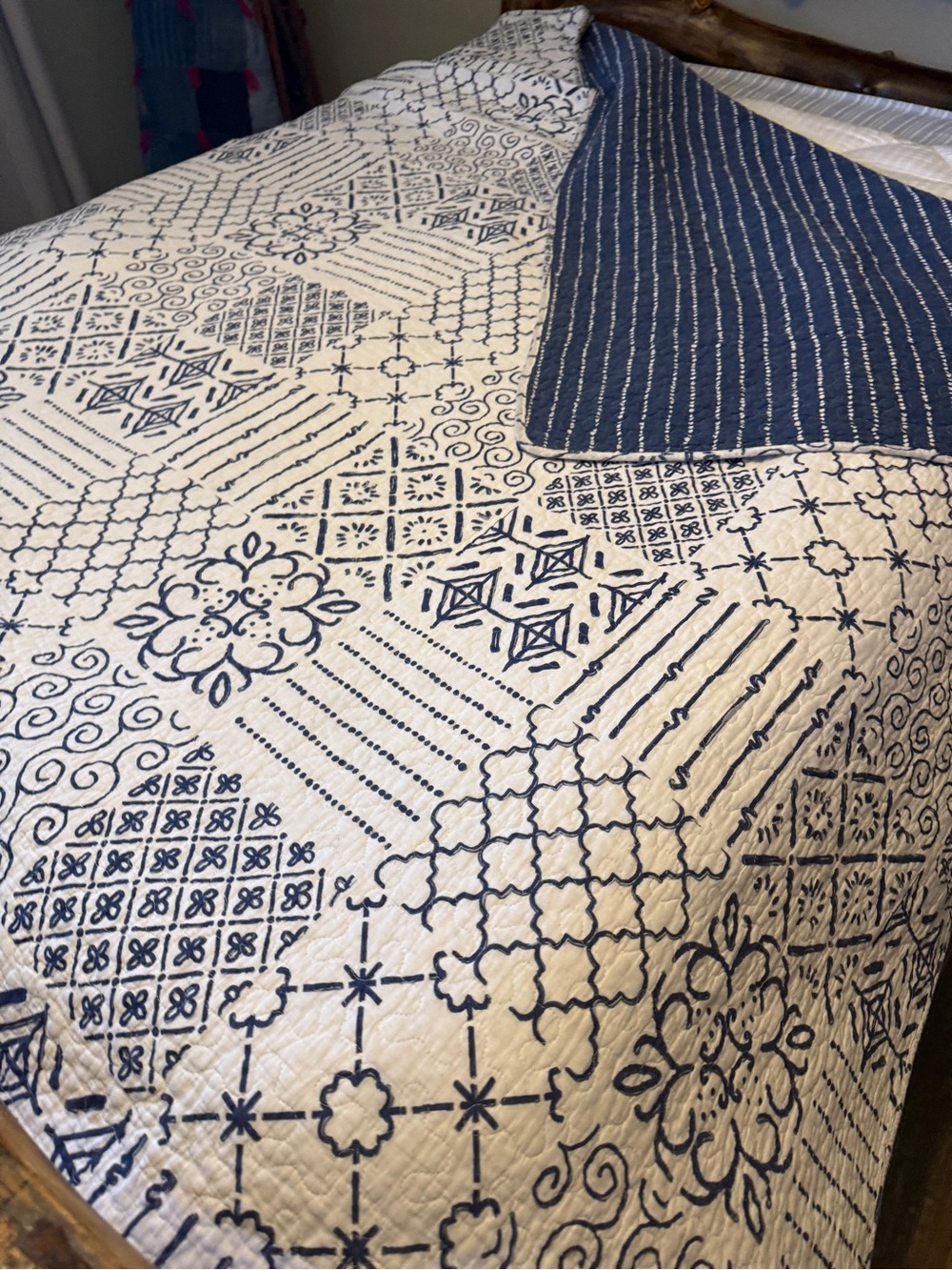 Navy and White Patchwork Quilted Reversible Bedspread - Full/Queen